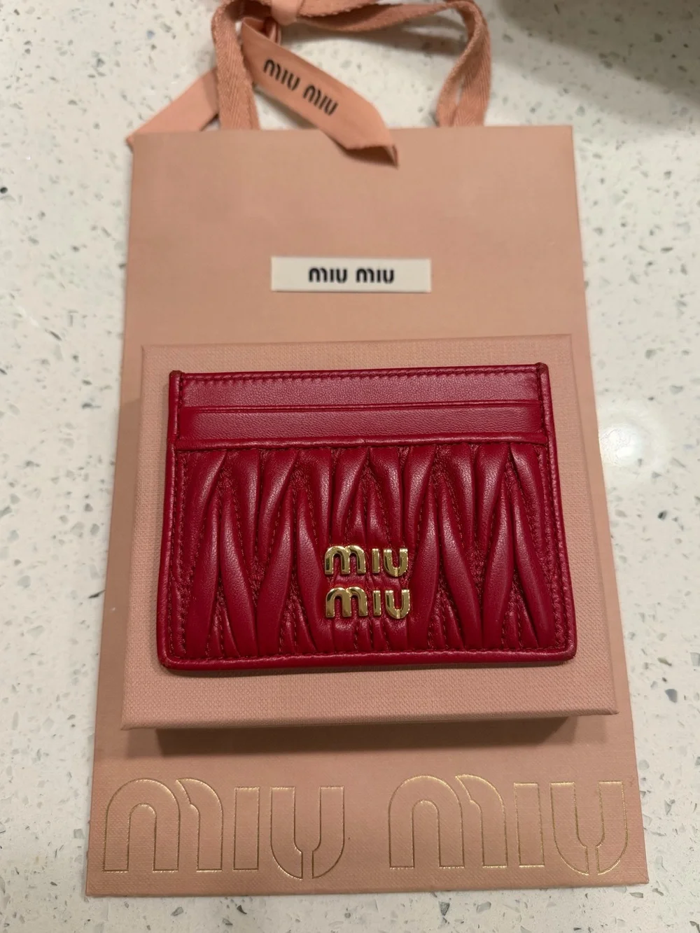 Miu Miu Red Matelassé Leather Card Holder with Gold